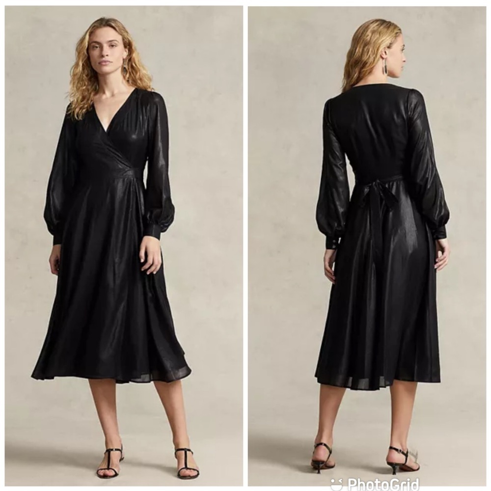 Polo Ralph Lauren Black Lam Self-Tie Faux Wrap Dress New With Tags!